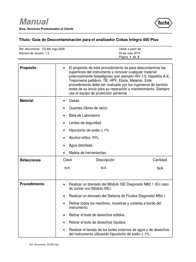 0229 gu a de descontaminaci n para el analizador cobas integra 400 plus