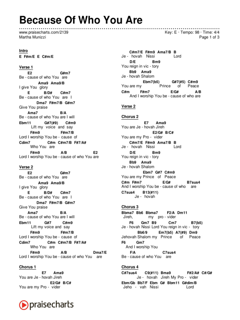 Because of who you are martha munizzi chord chart e 2 column