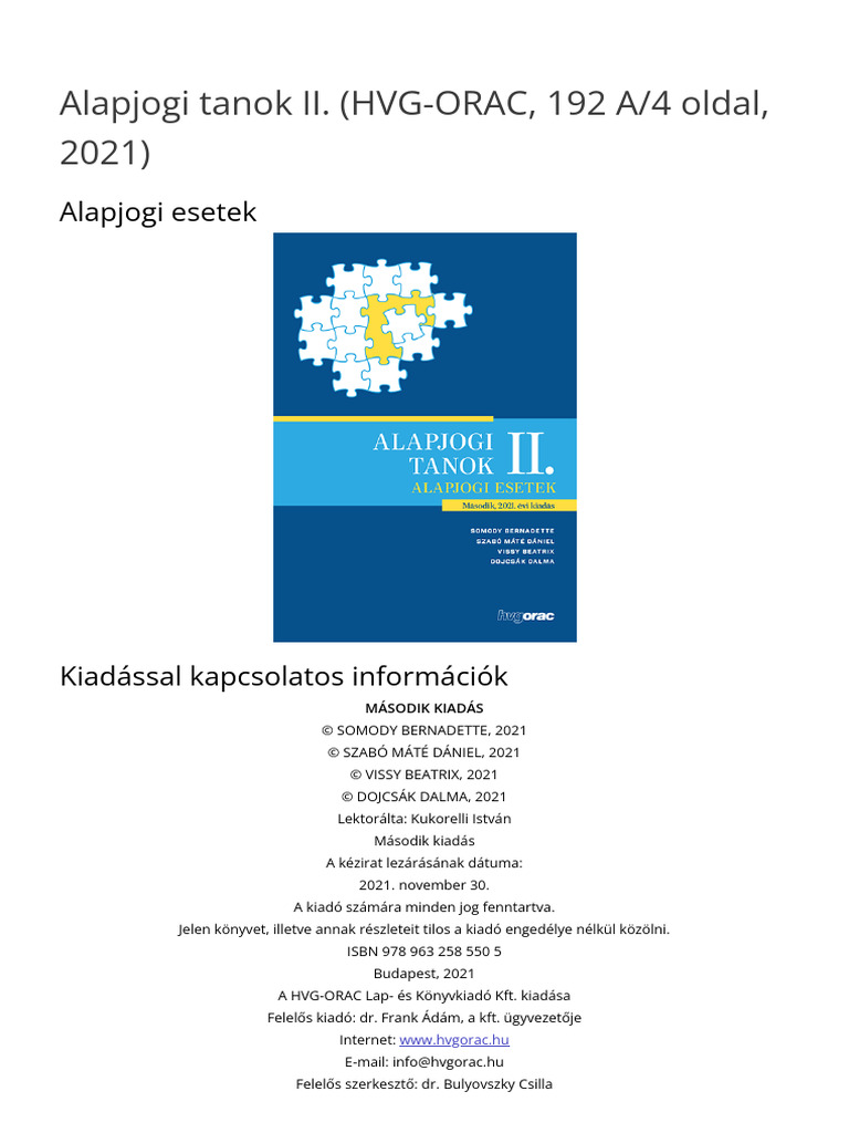 Somody Szabó Vissy Dojcsák Alapjogi Tanok II. 2. Kiadás 2021 | PDF