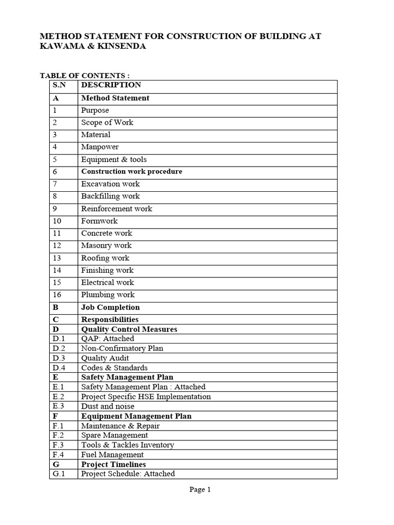 Method Statement for Building Construction | PDF | Concrete | Pipe ...