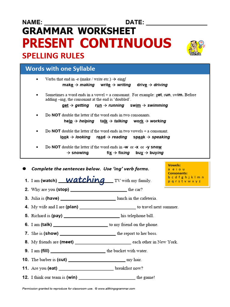 Present Continuous Spelling Rules Worksheet | PDF | Consonant | Word