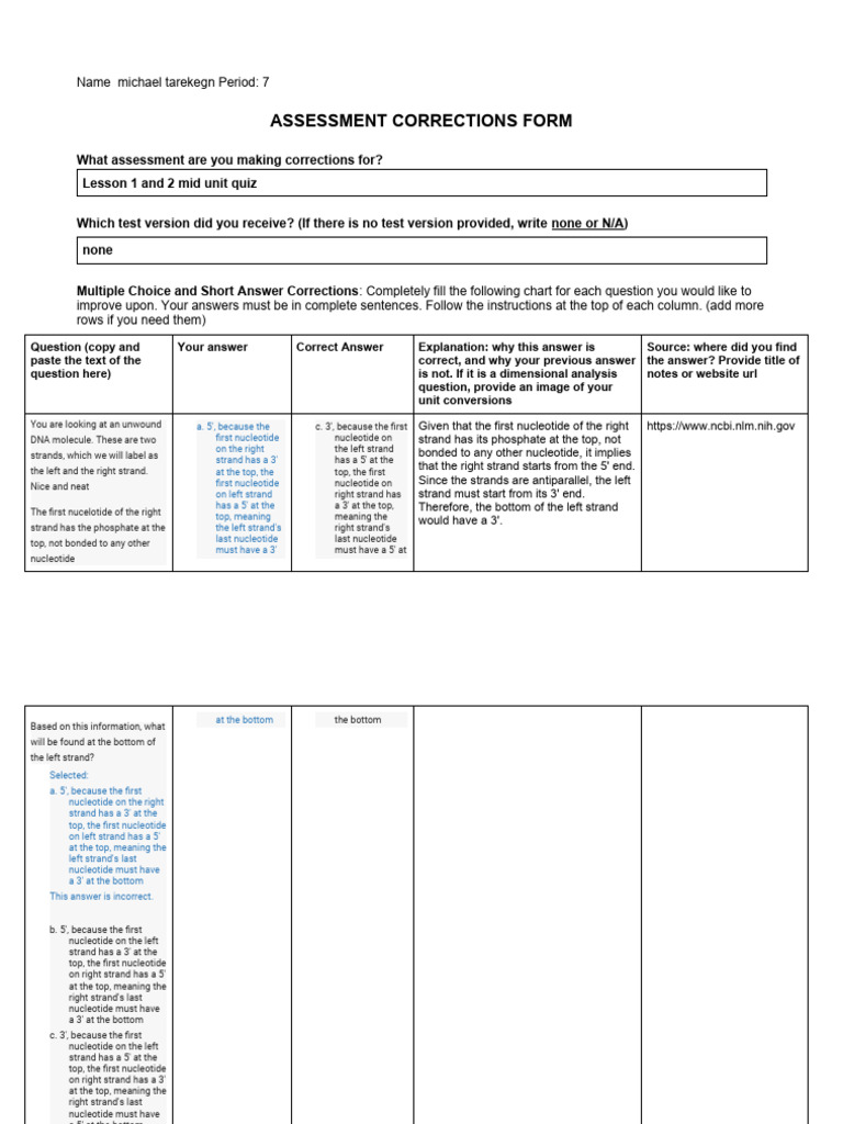 Assessment Corrections Make-Up Template | PDF | Nucleotides | Biomolecules