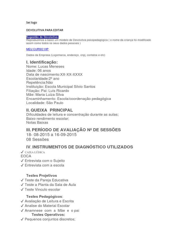 Devolutiva Para Editar Download Grátis Pdf Transtorno De Déficit De