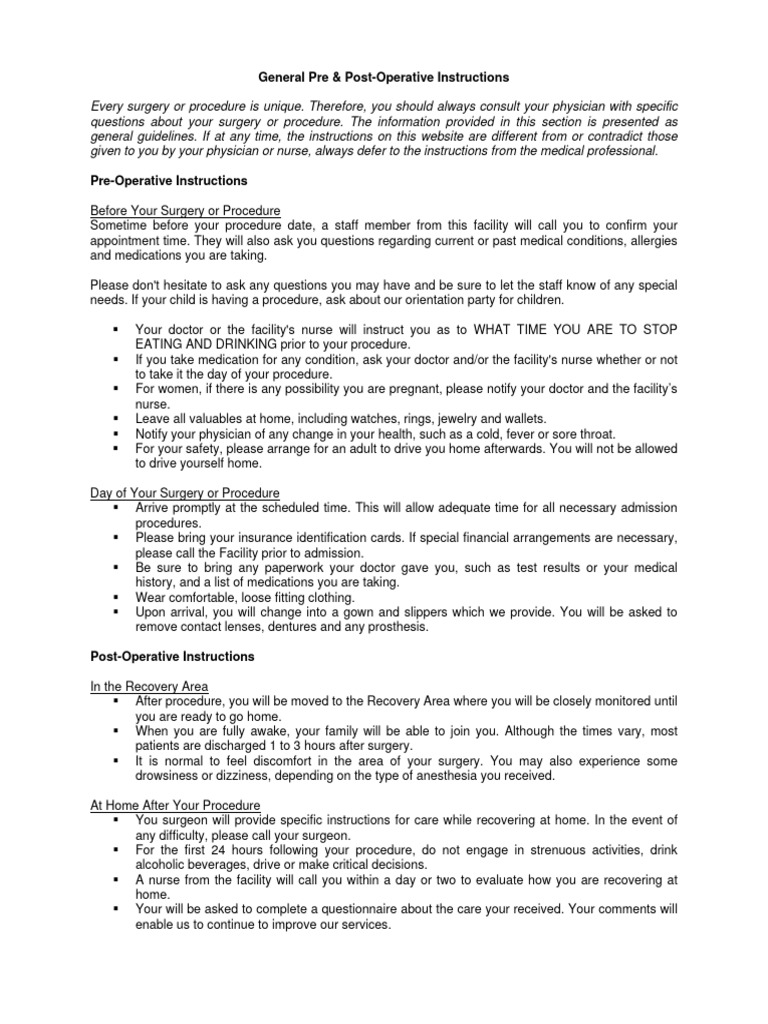 General pre post operation instructions pdf surgery social programs