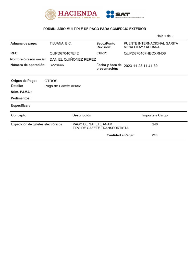 REFERENCIA DE PAGO ANAM Pago - QUPD670407E42 | PDF | aduana | Gobierno