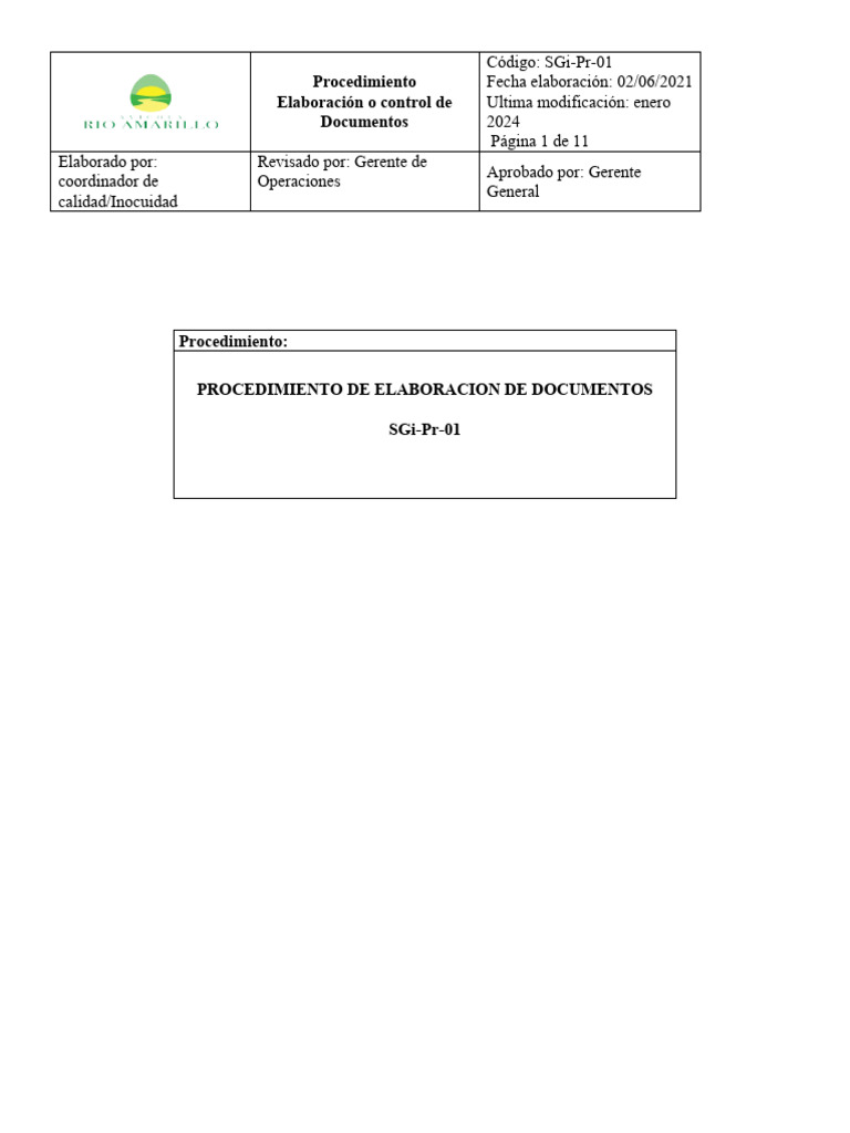 Procedimiento De Control Y Elaboracion De Documentos Sgi Pr 01 Pdf