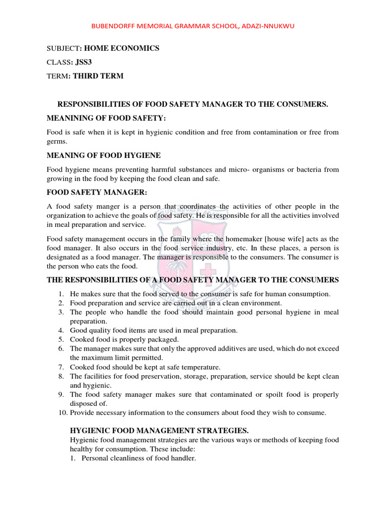 Jss 3 Home Economics PDF Food Safety Hygiene