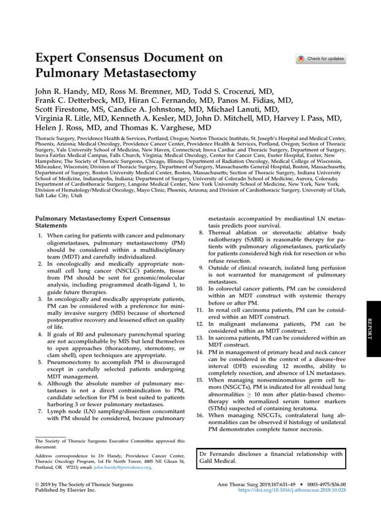 Expert Consensus Document Pulmonary Metastasectomy Feb 2019 | PDF ...