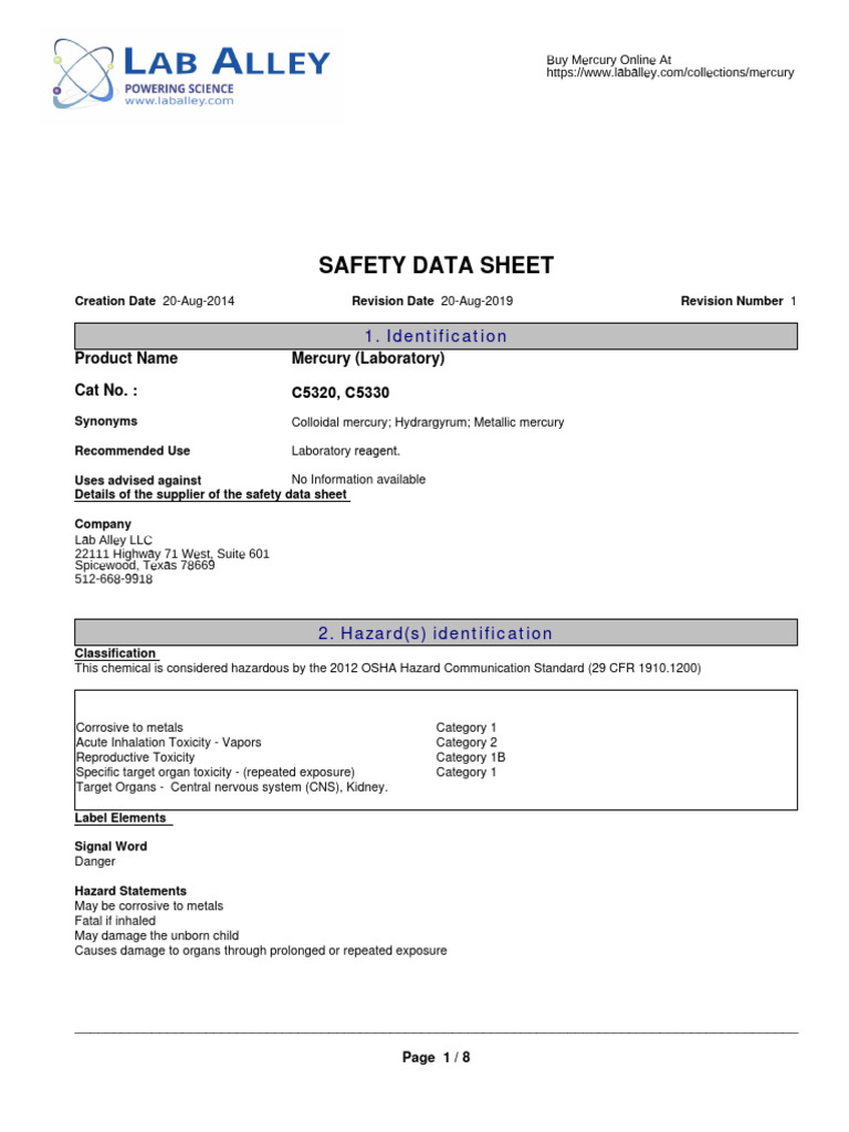 Mercury Laboratory Safety Data Sheet | PDF | Dangerous Goods | Mercury ...