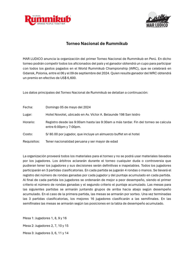 Torneo Nacional De Rummikub Convocatoria Abierta PDF Deportes