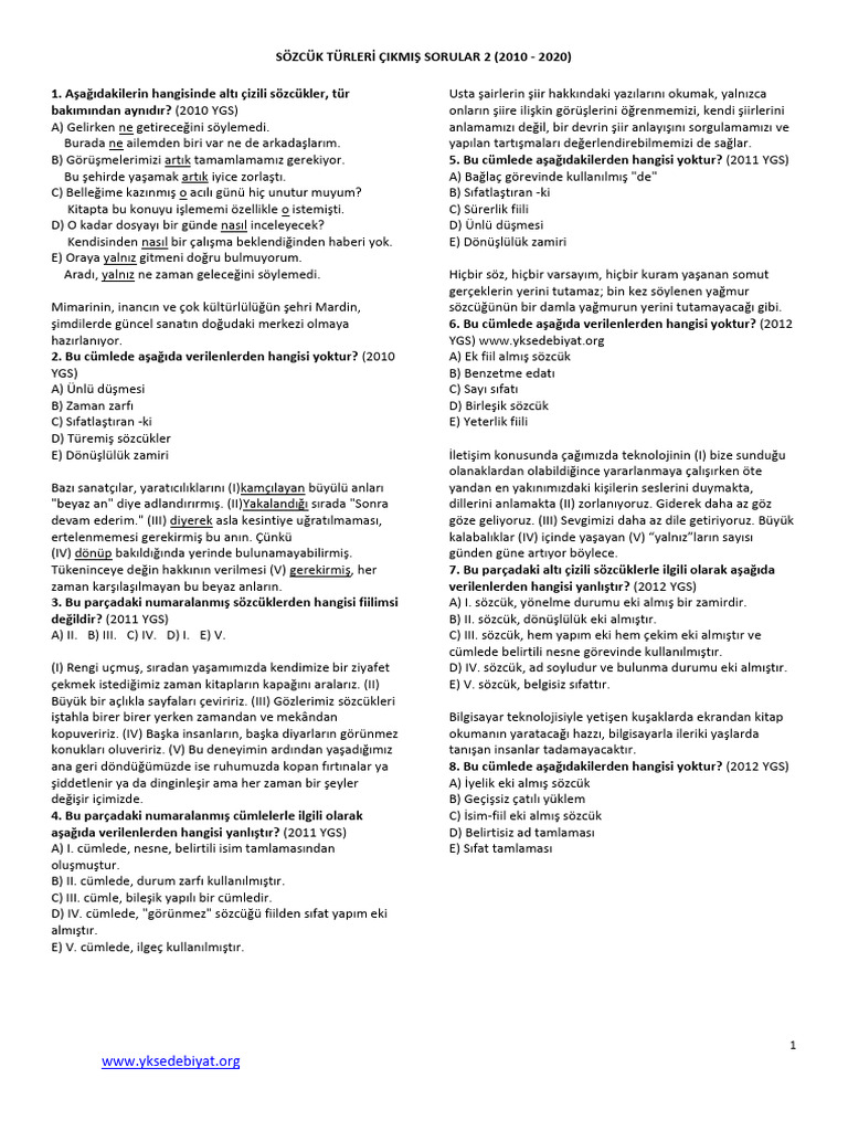 Sözcük Türleri Çıkmış Sorular 2 | PDF