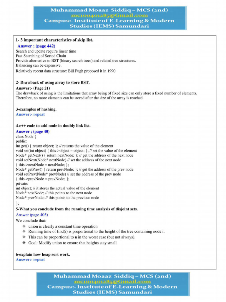 Virtual University CS301 Data Structure 2011 Subjective Past Papers | PDF