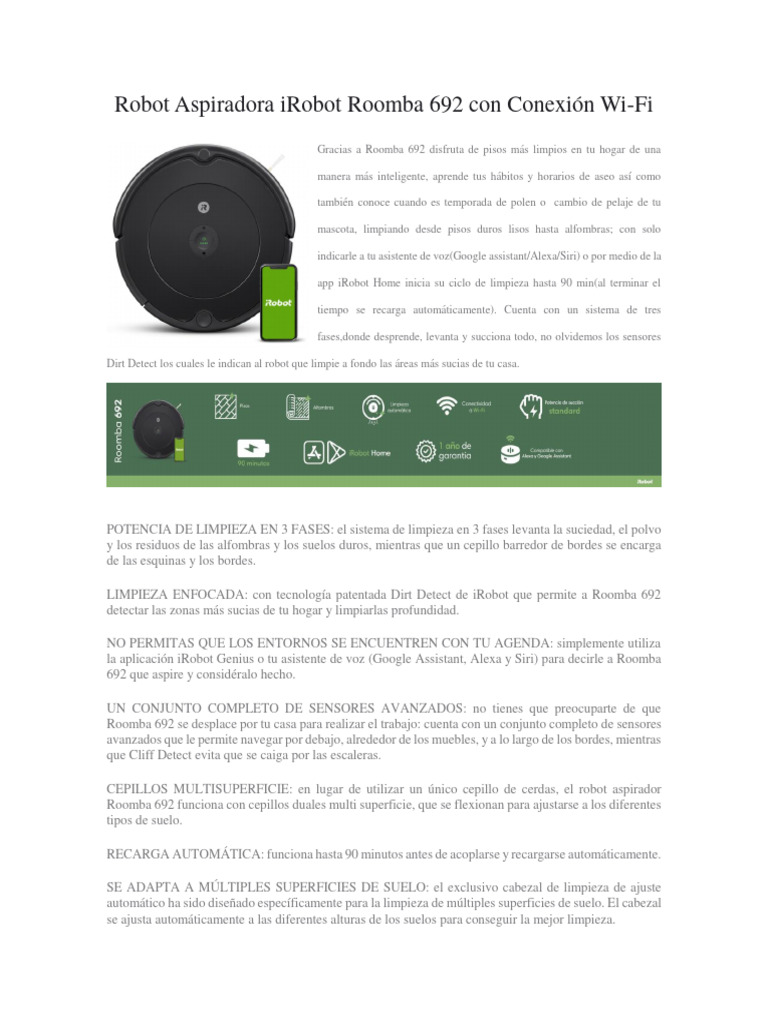 iRobot Roomba 692: Aspiradora Wi-Fi Inteligente | PDF | Aspiradora ...