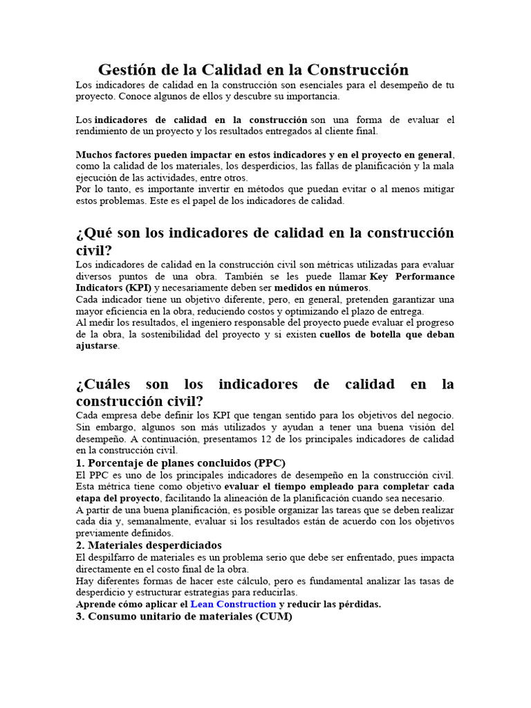 Indicadores de La Calidad en La Construccion | Descargar gratis PDF ...