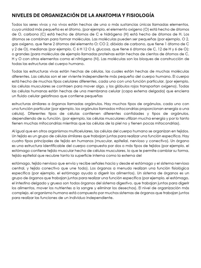 Niveles de Organización del Cuerpo Humano | PDF | Términos anatómicos ...