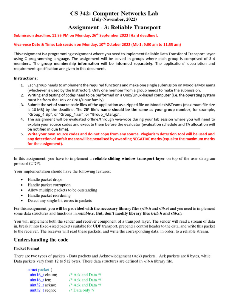 CS 342 Reliable Transport Assignment | PDF | Transmission Control ...