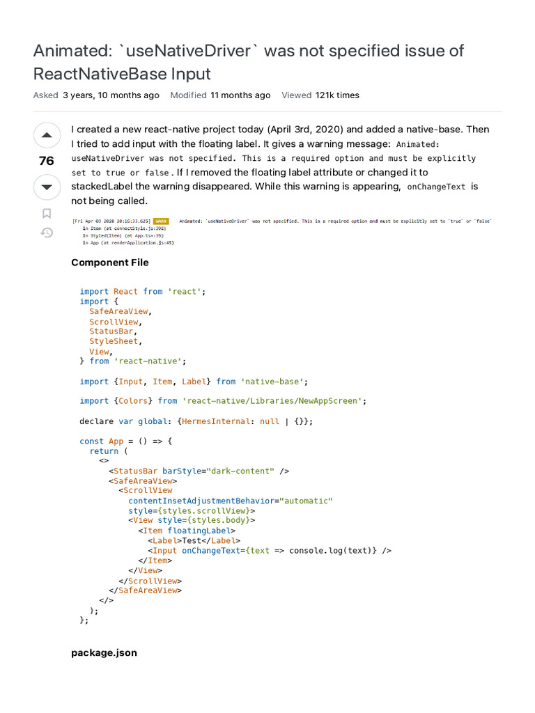 React Native useNativeDriver Warning Fix | PDF | Java Script | Computing