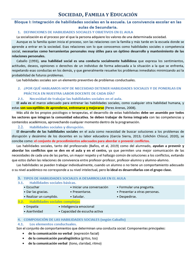 Bloque I: Integración de Habilidades Sociales en La Escuela. La ...