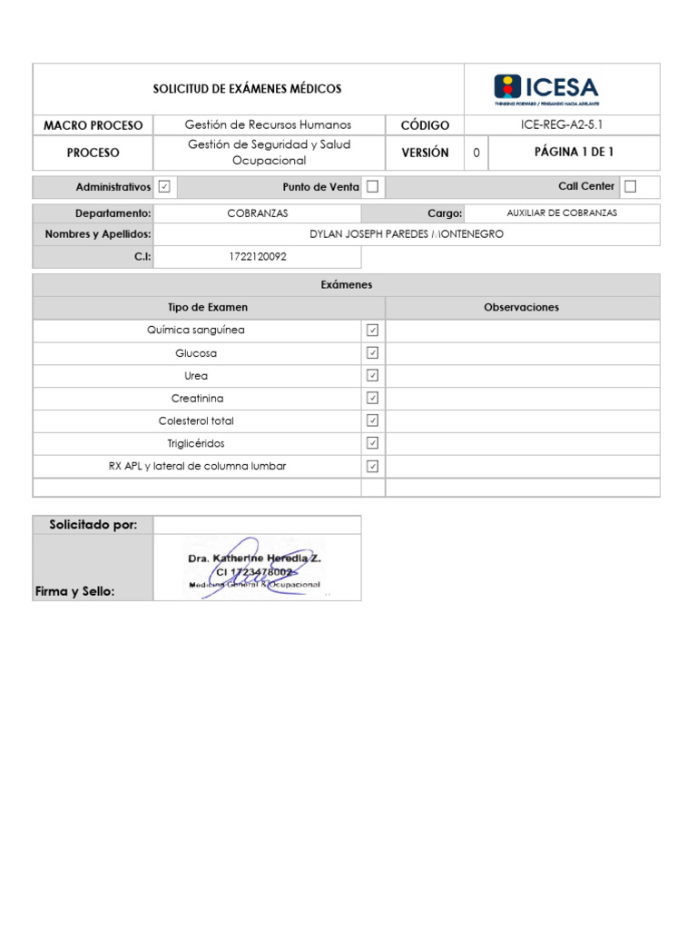Solicitud Examenes Medicos - Dylan Paredes | PDF