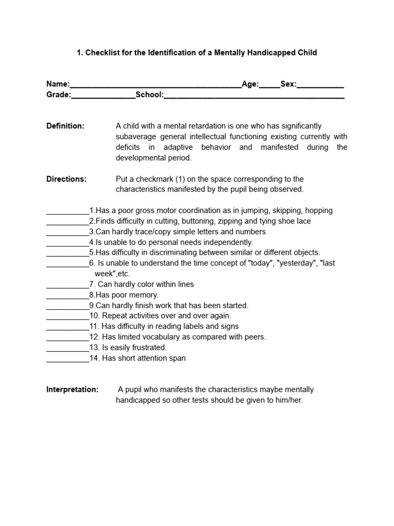 Checklist for Identifying Mental Retardation | PDF | Intellectual ...