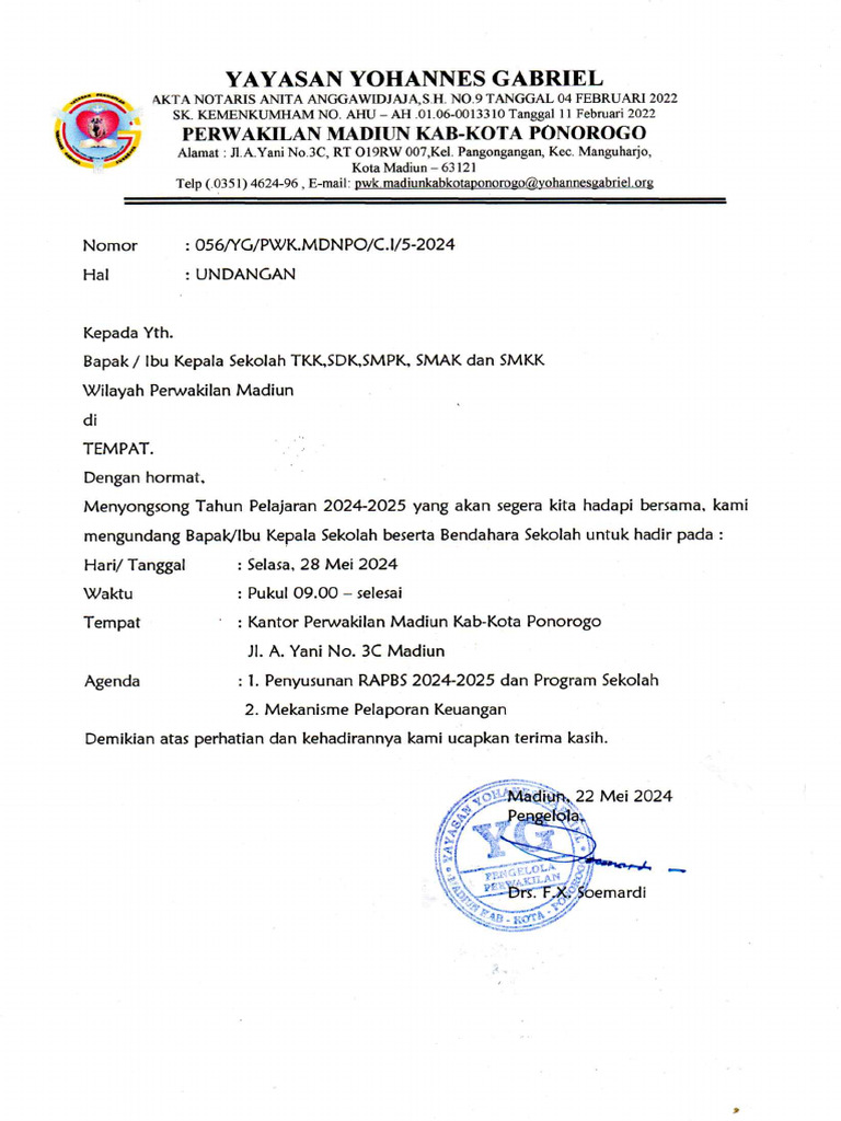 Undangan Rapat Kepala Sekolah dan Bendahara Sekolah Wilayah Perwakilan