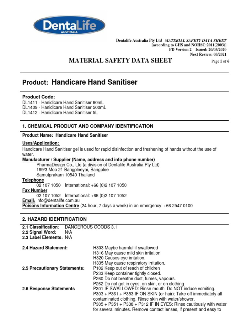 Handicare Hand Sanitiser MSDS Guide | PDF | Disinfectant | Occupational ...