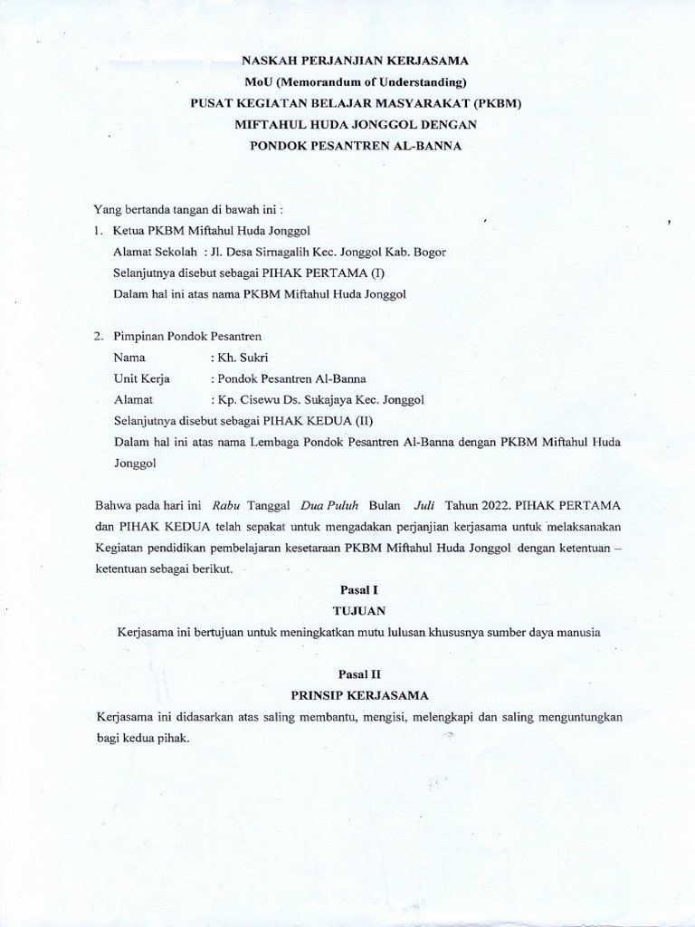 MoU PKBM-Ponpes Al-Banna (PKS DISDIK) | PDF