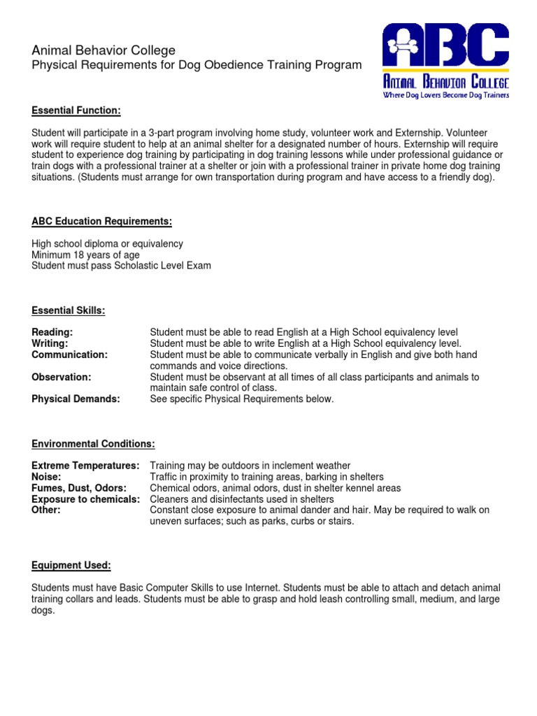 Animal Behavior College Physical Requirements For Dog Obedience