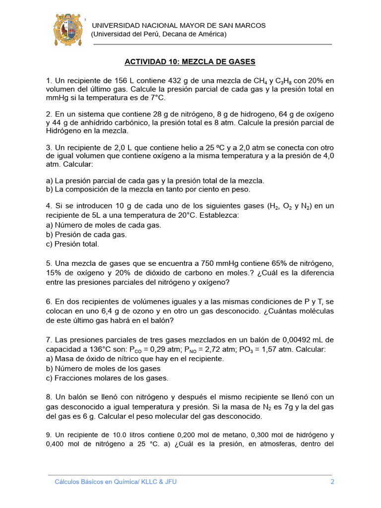 Actividad 10 Mezcla de Gases | PDF | Gases | Oxígeno