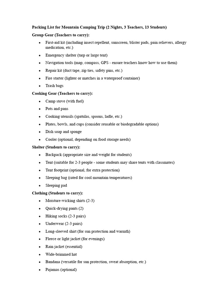 Packing List for Mountain Camping Trip PDF Educational Assessment