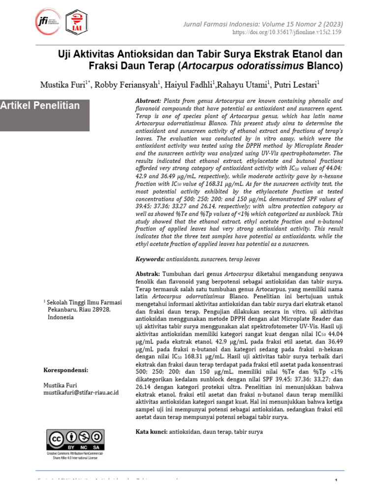 Aktivitas Antioksidan dan Tabir Surya Daun Terap | PDF