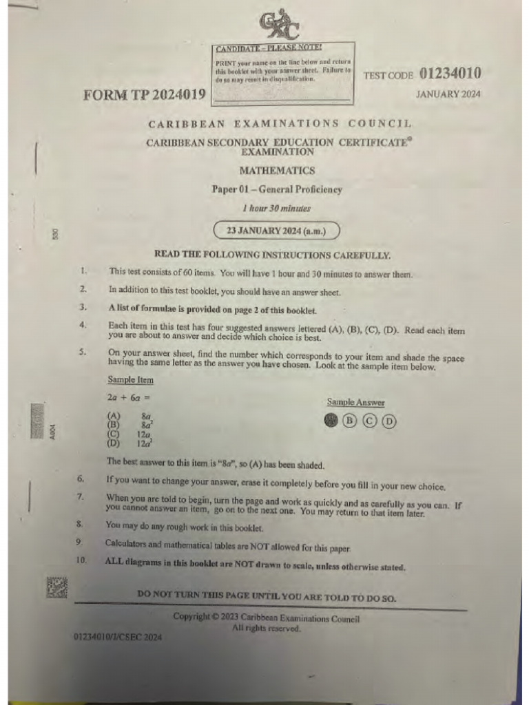 January 2024 CSEC Math Paper 1 PDF
