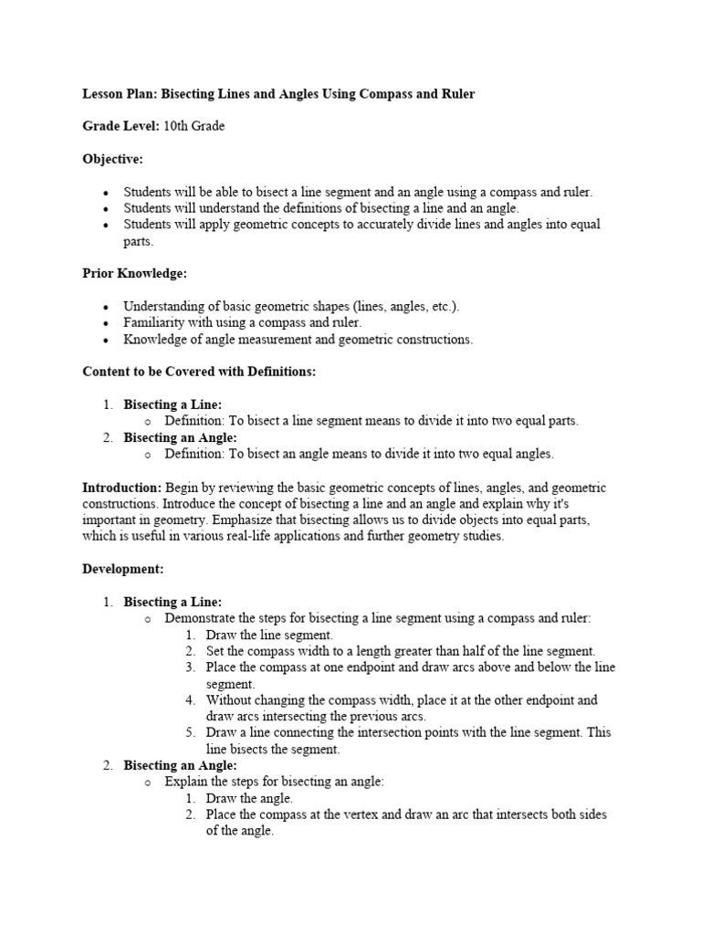 Bisecting Lines and Angles Lesson Plan | PDF | Angle | Line (Geometry)
