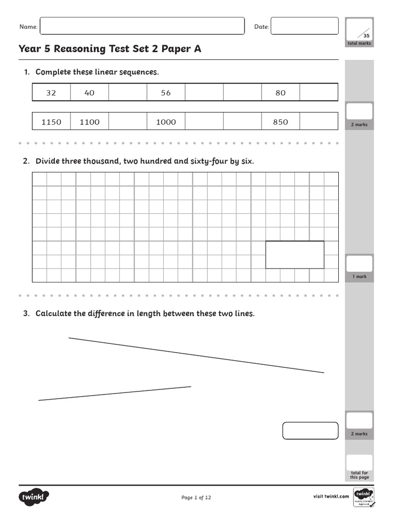 Year 5 reasoning test set 2 paper a pdf mathematical concepts