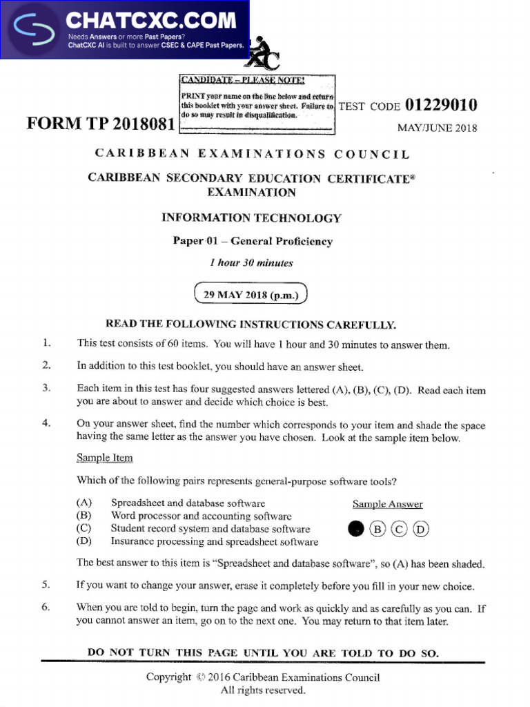 Csec information technology p1 2018 pdf