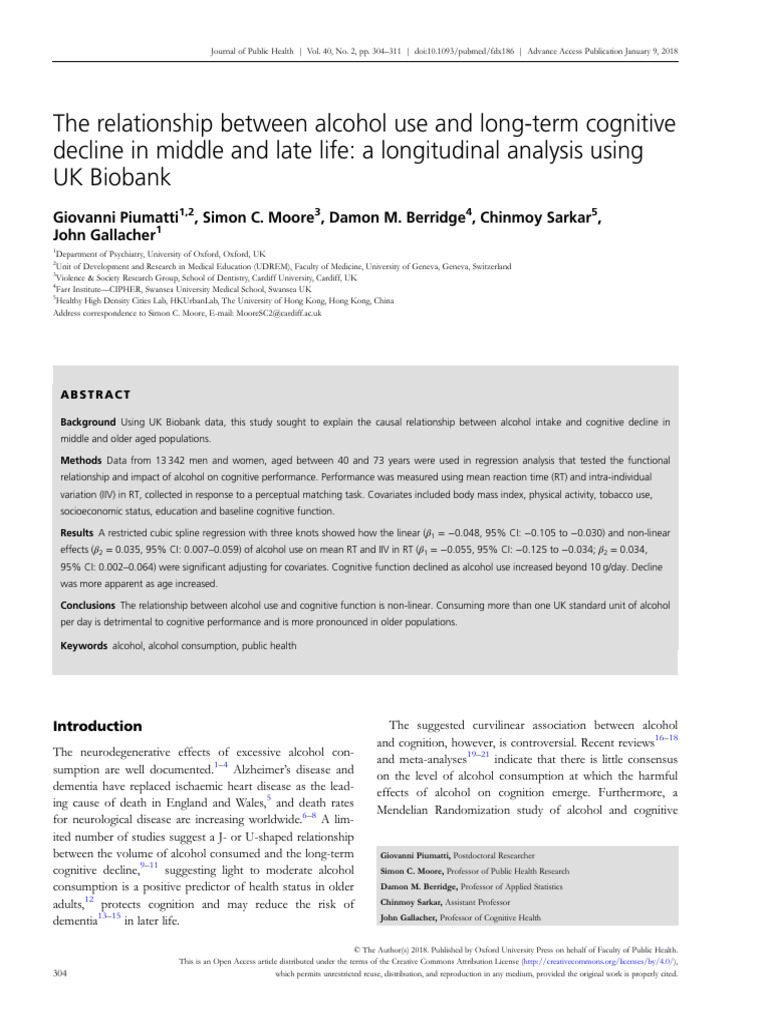The Relationship Between Alcohol Use and Long-Term Cognitive | PDF ...