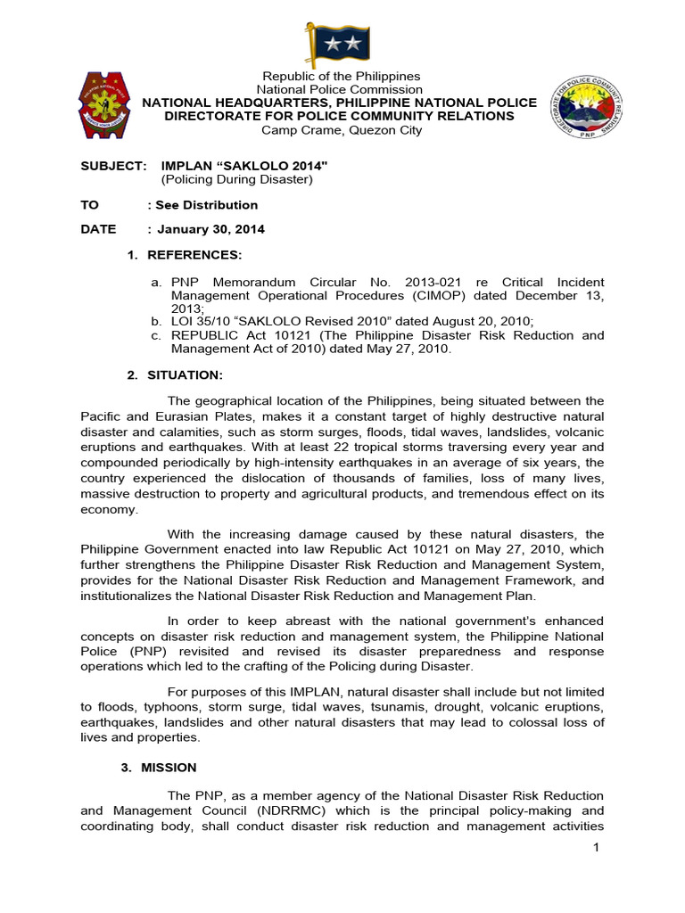 PNP Disaster Response Plan 2014 | PDF | Natural Disasters | Emergency ...