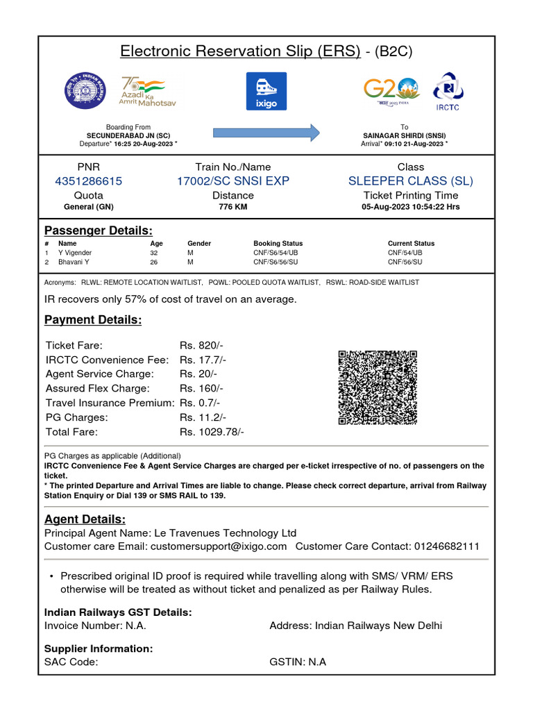 Electronic Reservation Slip for Train Travel | PDF | Identity Document