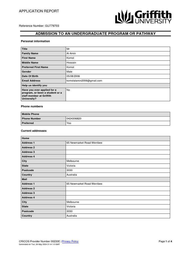 ApplicationSummary - Komol Al-Amin - GU779703 | PDF