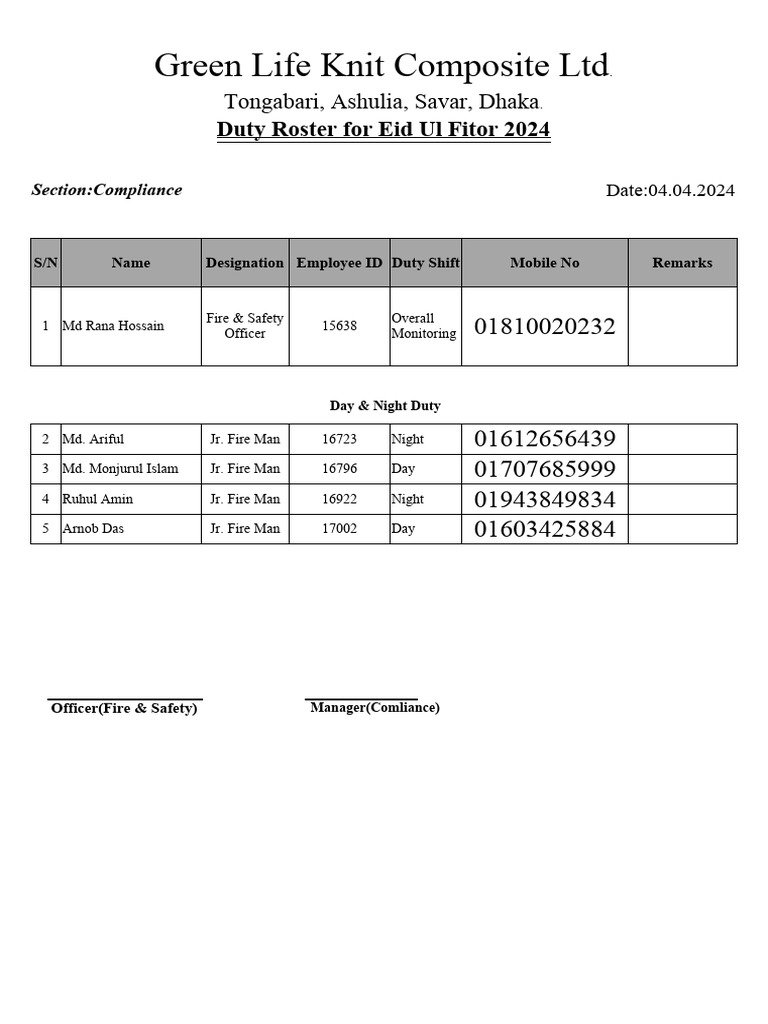 Eid Duty Roster 2024 for Fire Staff | PDF