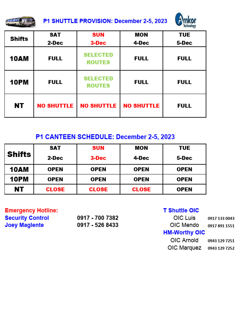 P1 Shuttle and Canteen Schedule Dec 2023 | PDF | Companies Of The ...