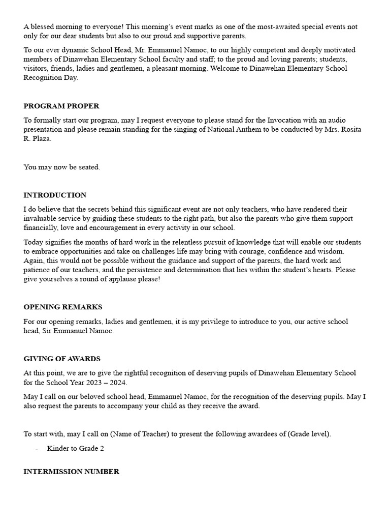 Recognition Day Emcee Script | PDF