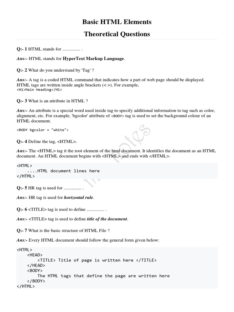 Basic html elements theoretical questions main heading pdf html