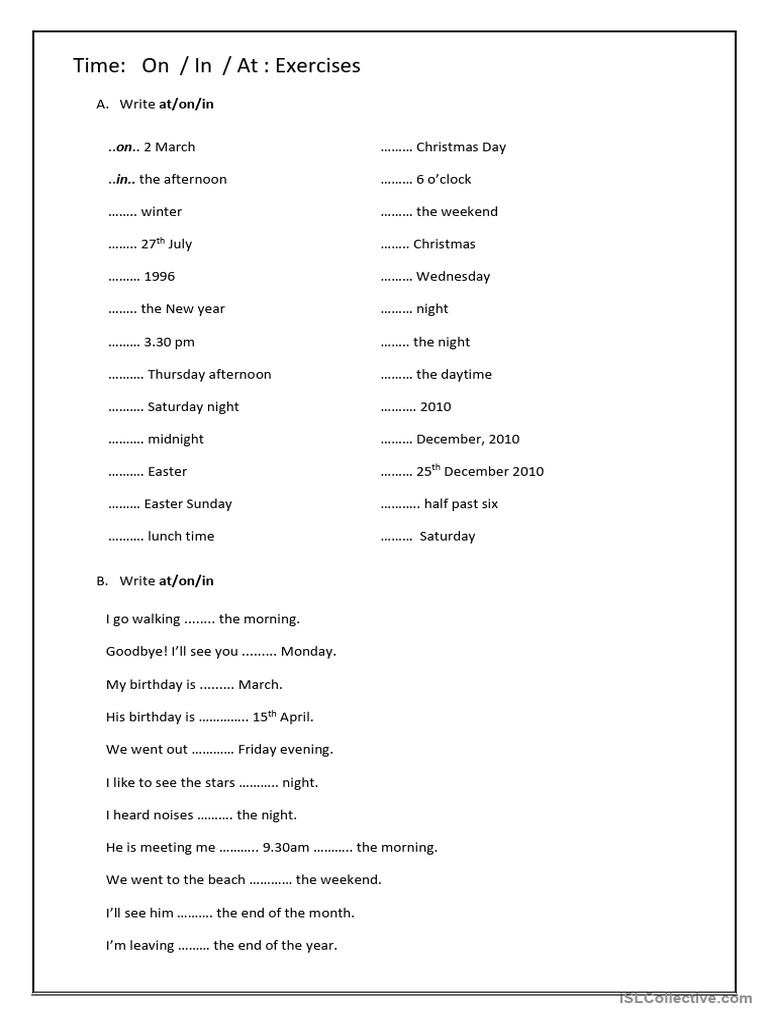 Time Prepositions Practice | PDF | Workweek And Weekend