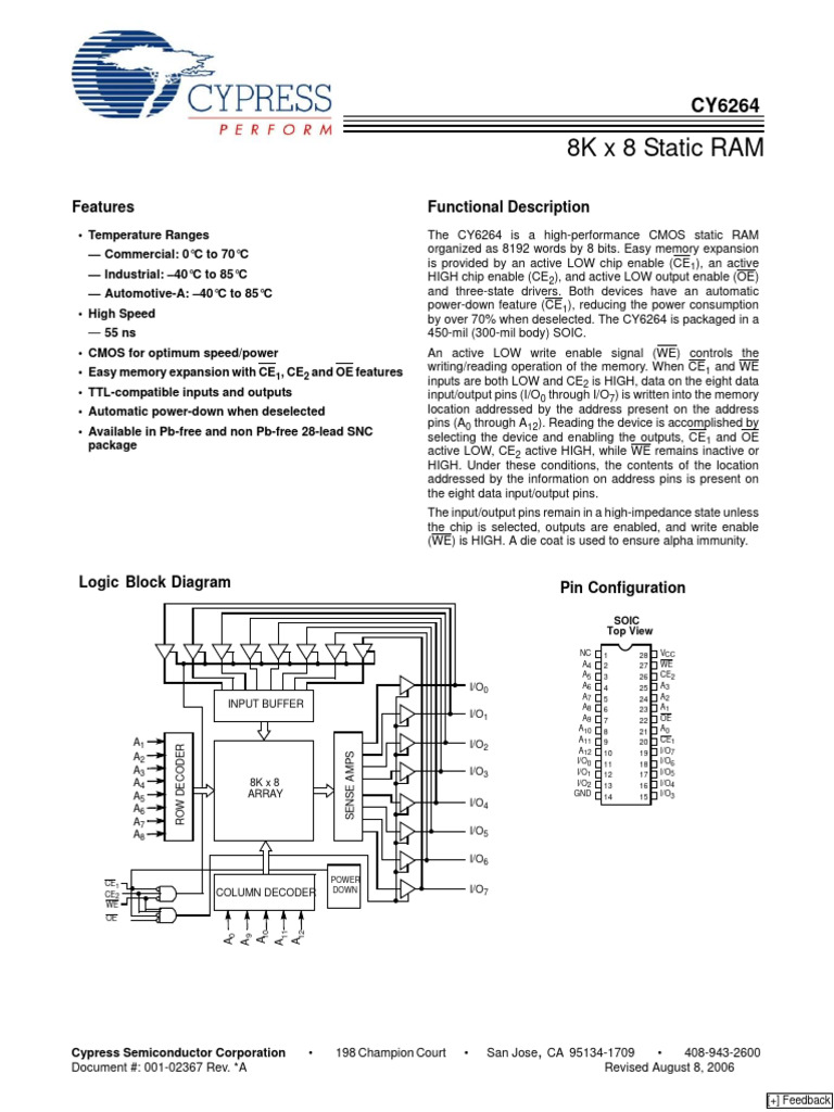 CY6264 8K x 8 SRAM Datasheet | PDF | Digital Technology | Digital ...
