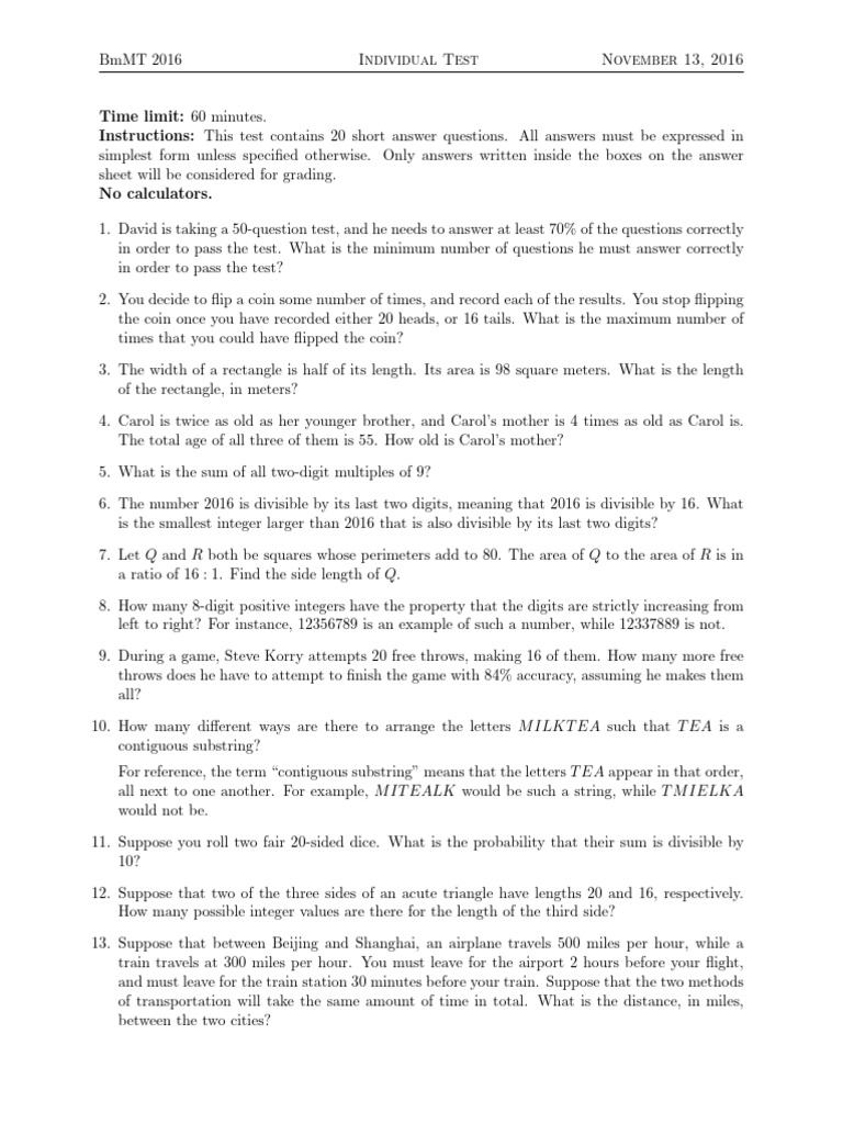BmMT 2016 Individual Test Questions | PDF | Numbers | Area