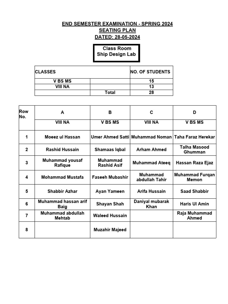 Spring 2024 Exam Seating Plan | PDF