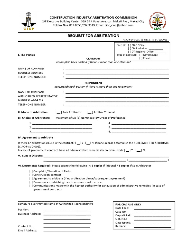 CIAC Request for Arbitration Form | PDF | Arbitration | Dispute Resolution