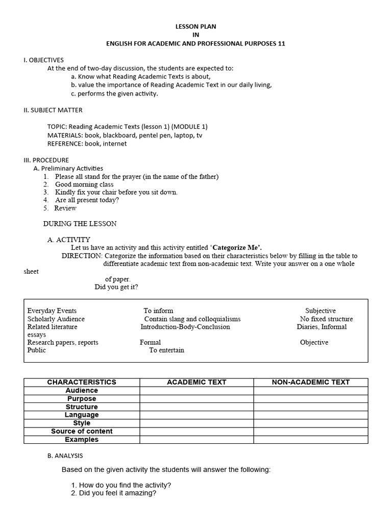 Academic Texts: Lesson Plan Overview | PDF | Vocabulary | Essays