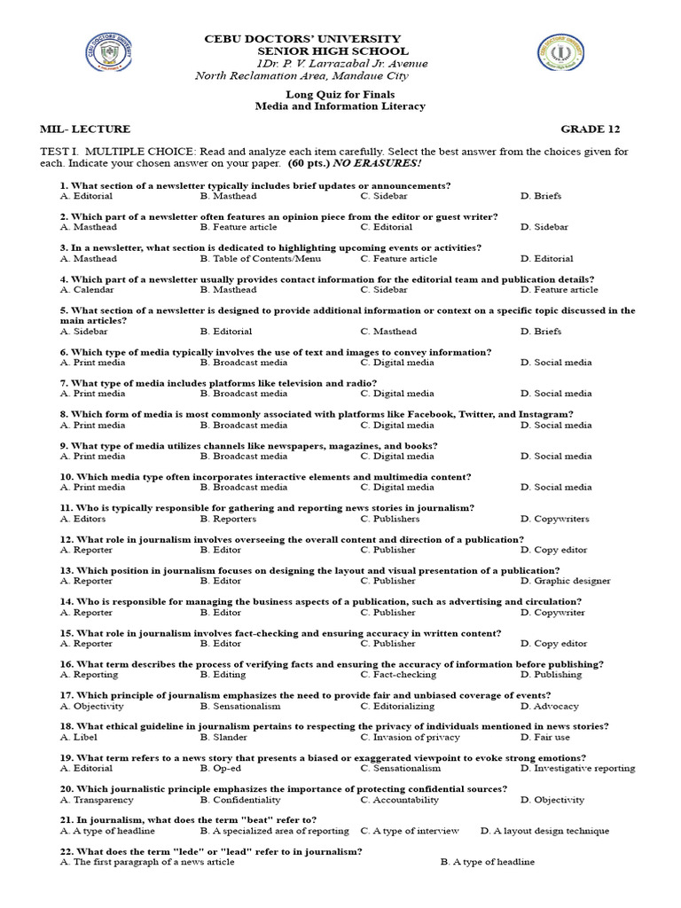 Senior High School Media Literacy Quiz | PDF | Journalism | News